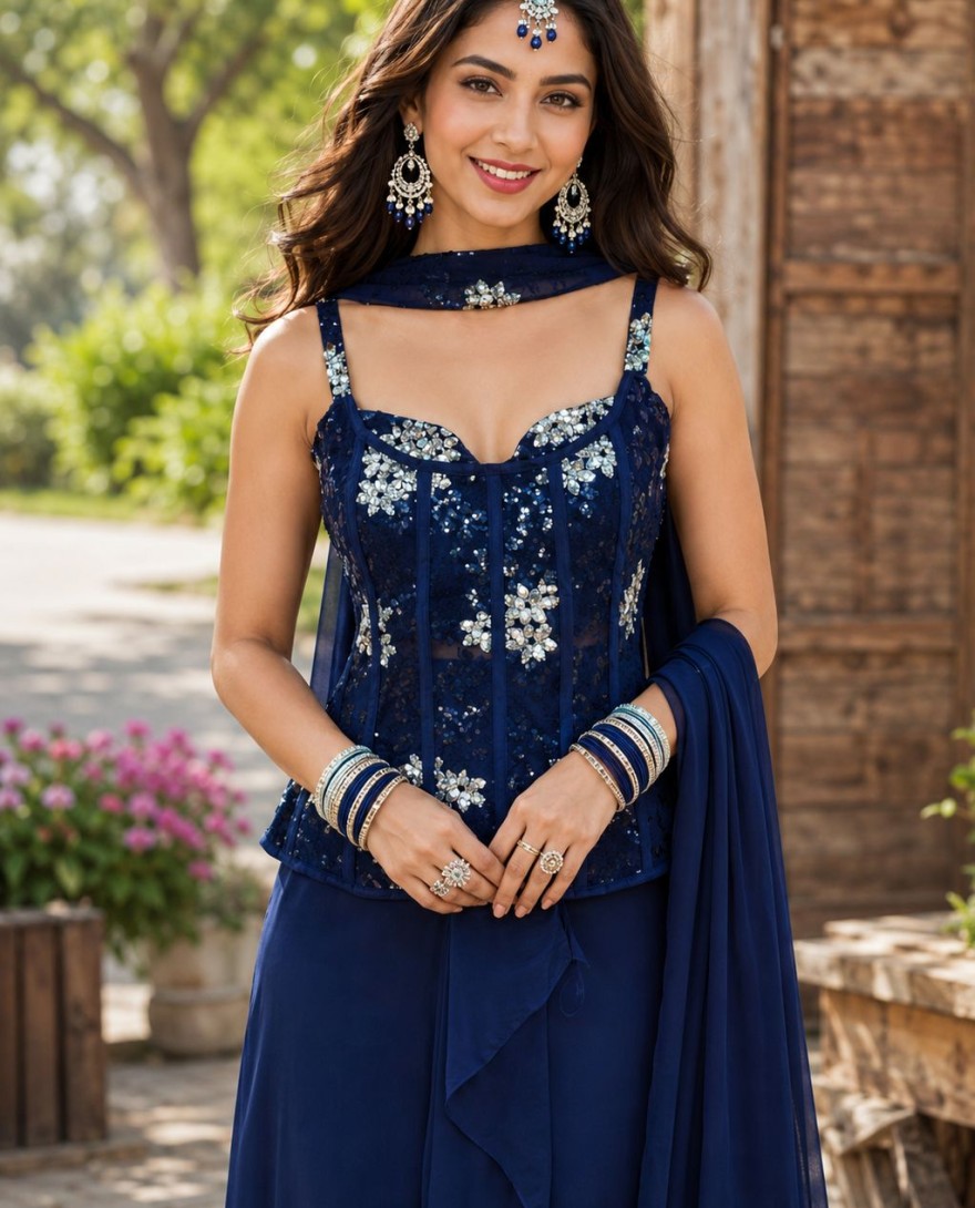 66816 - Navy Blue Sequins Ceremonial Designer Indo-Western